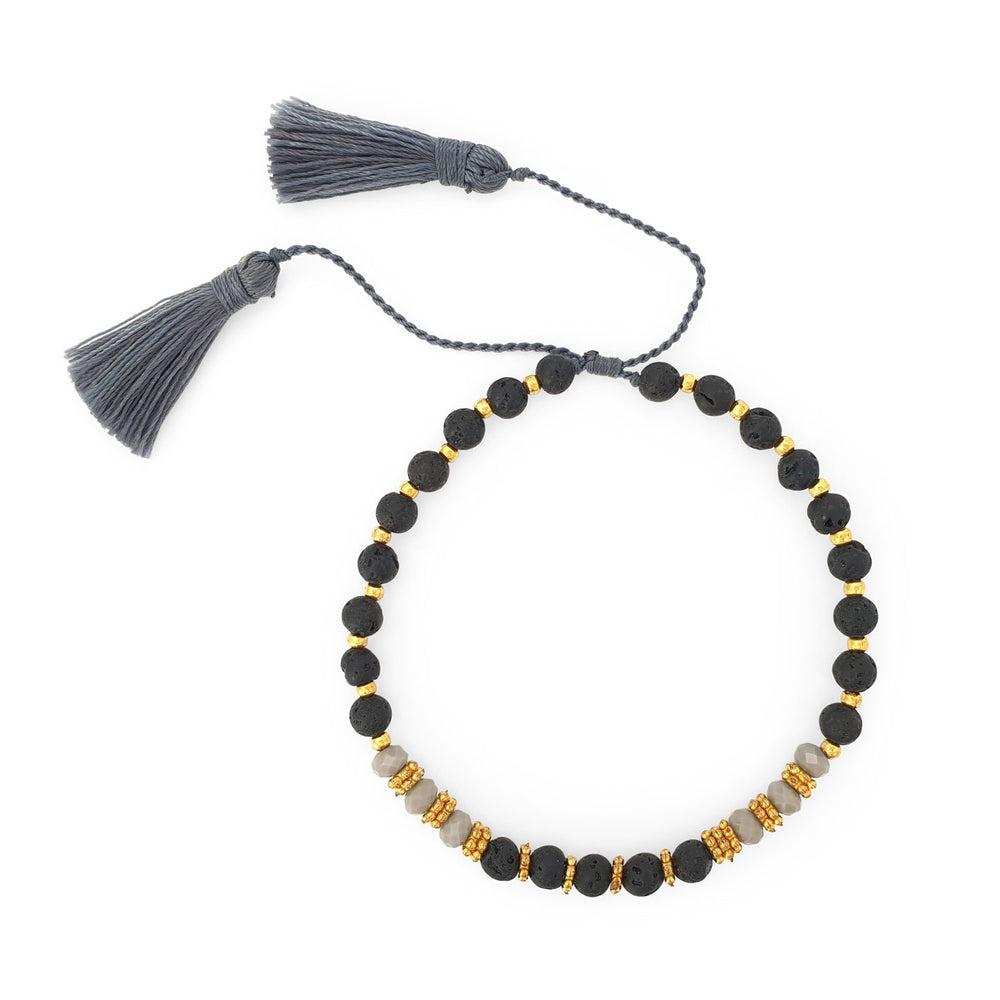Bracelet lava stone and crystal with grey tassel