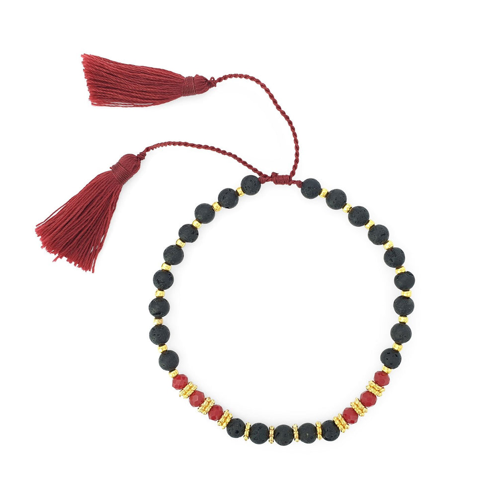 Bracelet lava stone and crystal with maroon tassel