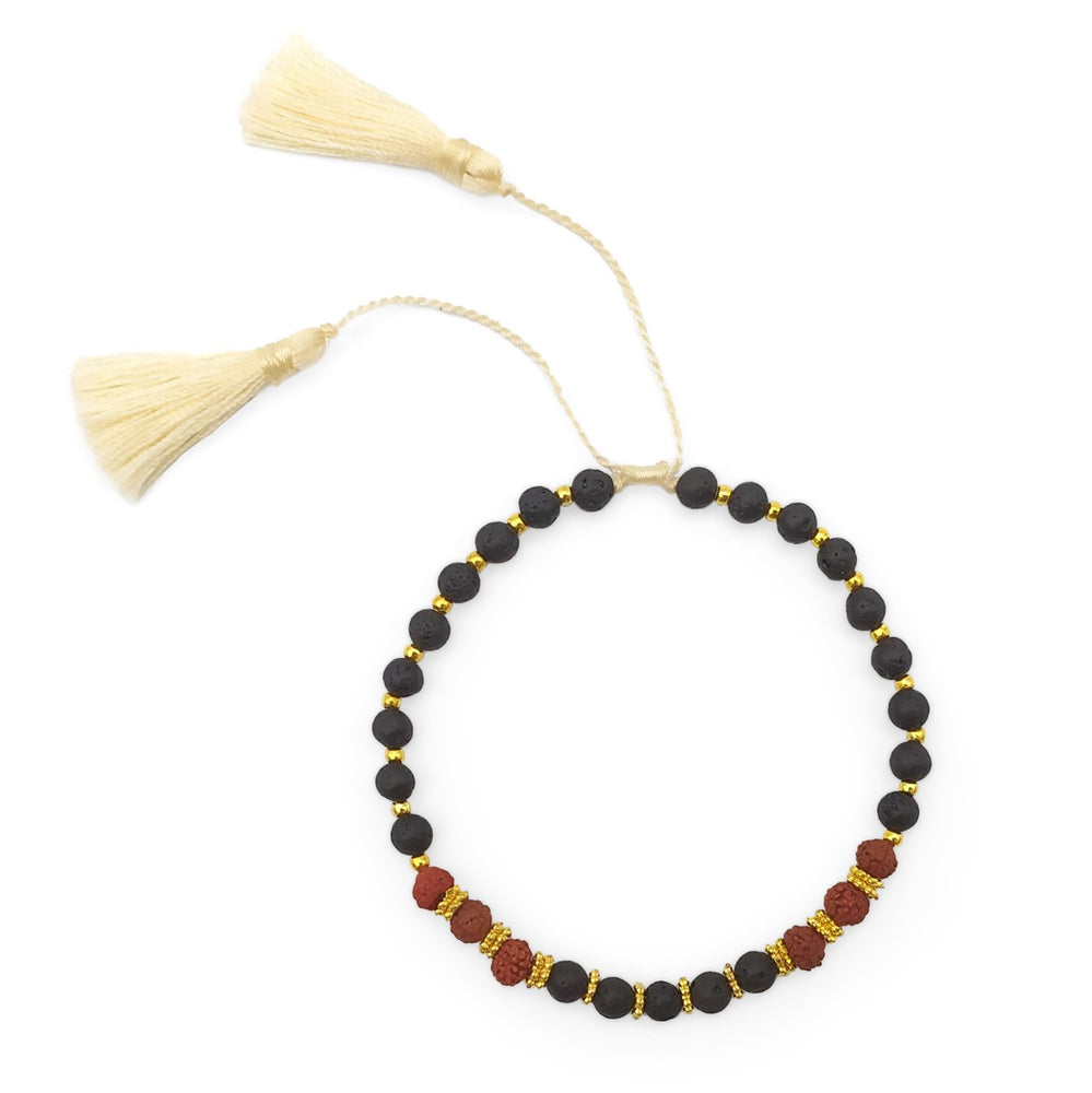 
                  
                    Load image into Gallery viewer, Bracelet lava stone and rudraksha with cream tassel
                  
                