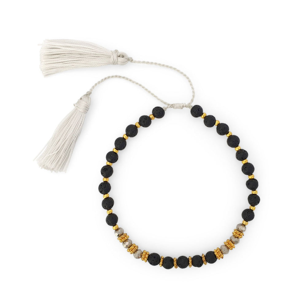 
                  
                    Load image into Gallery viewer, Bracelet lava stone and crystal with white tassel
                  
                
