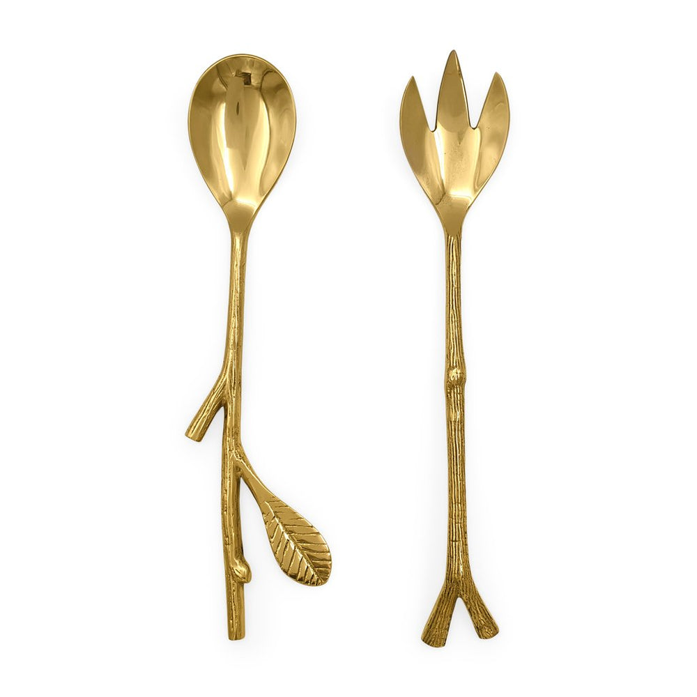 Handmade brass serving cutlery twig & leaf