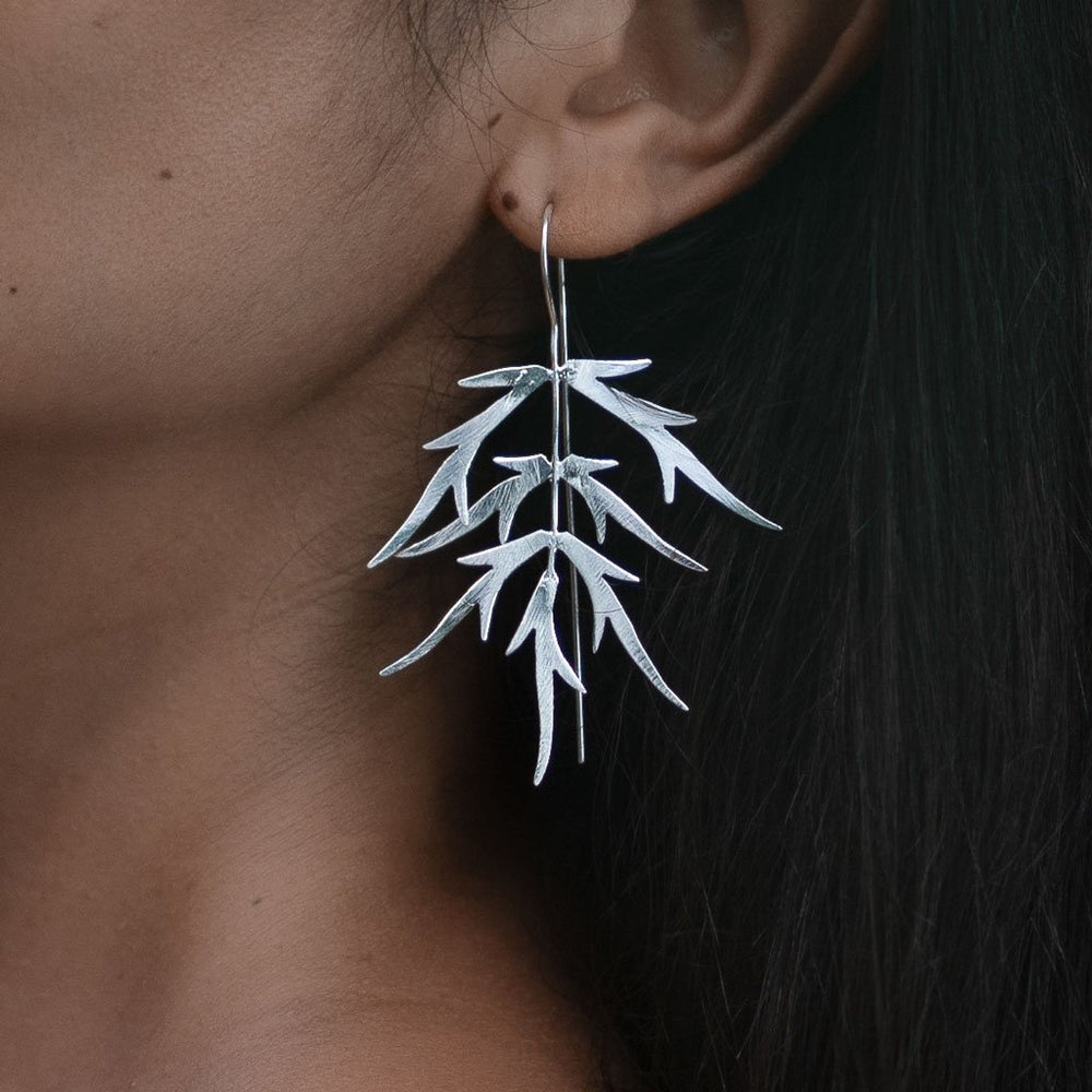 Earring Bamboo Leaf silver plated on model