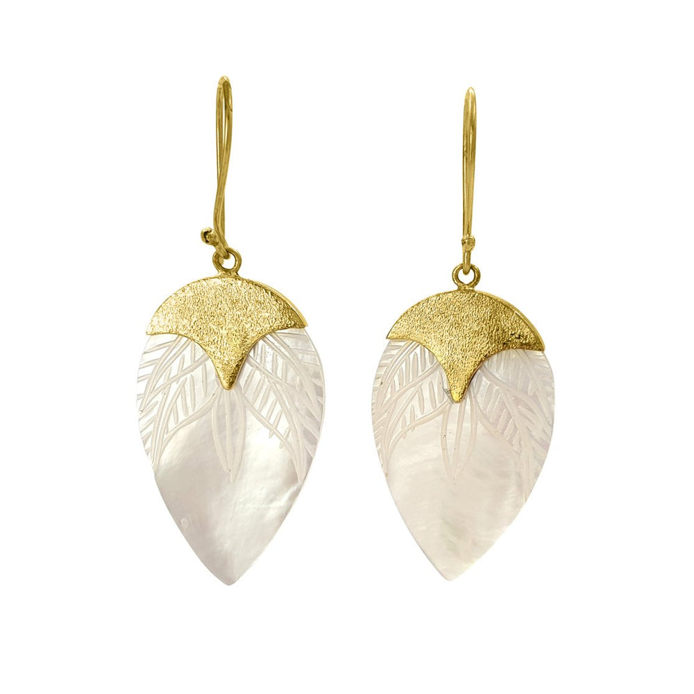Brass and hand carved shell drop earring 