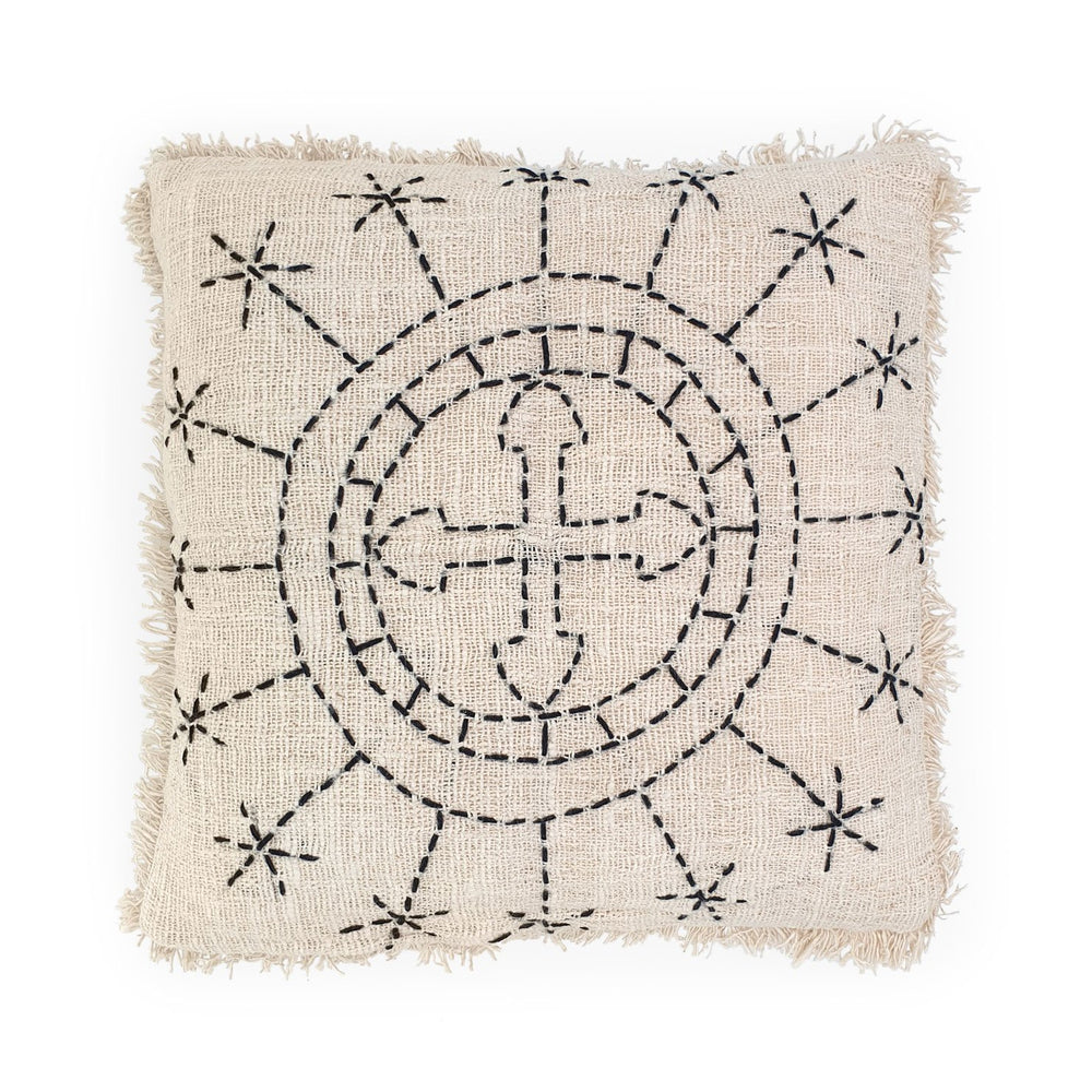 
                  
                    Load image into Gallery viewer, white hand embroidery cotton pillow with fringes sun cross
                  
                