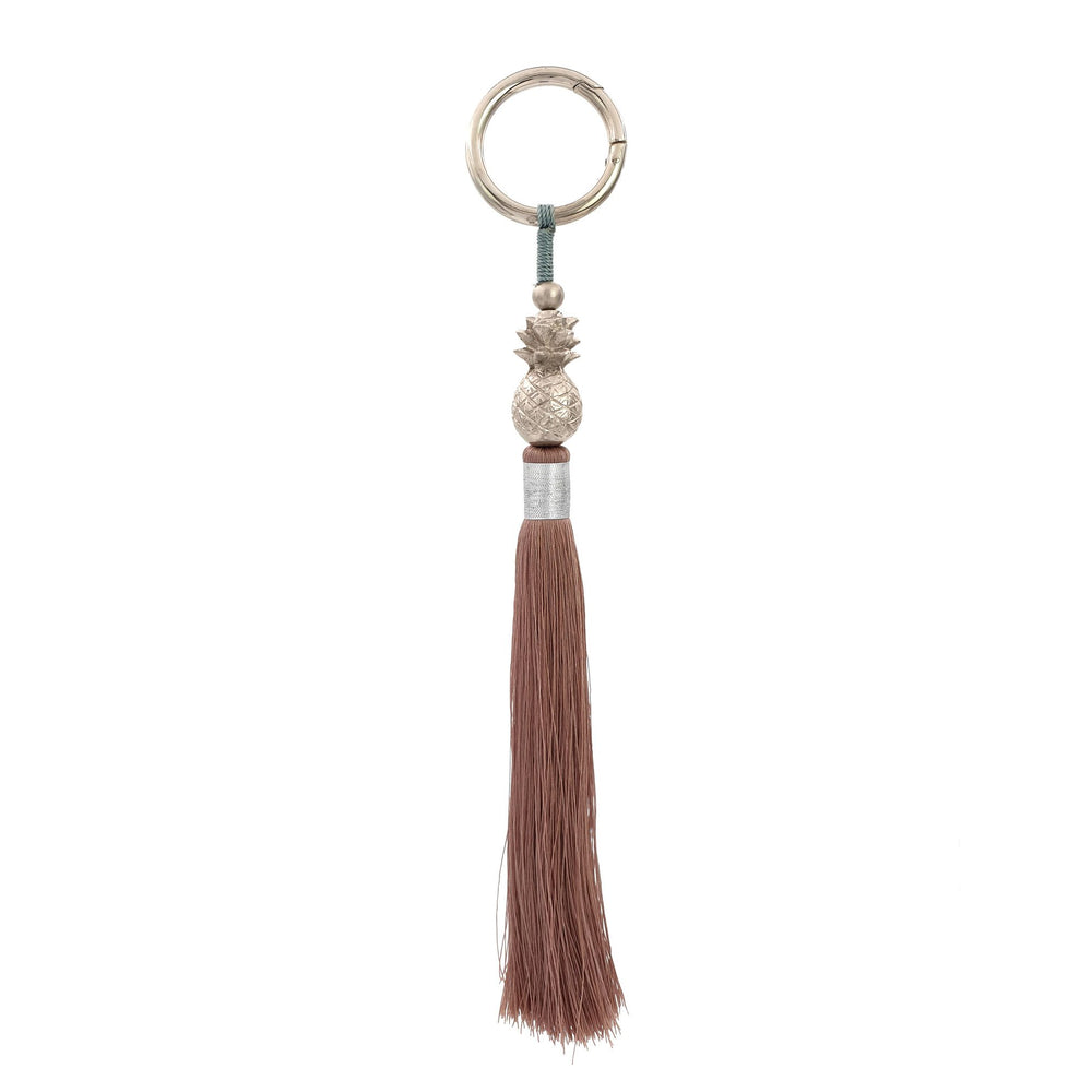 
                  
                    Load image into Gallery viewer, Keychain brass pineapple with brown tassel silver plated
                  
                