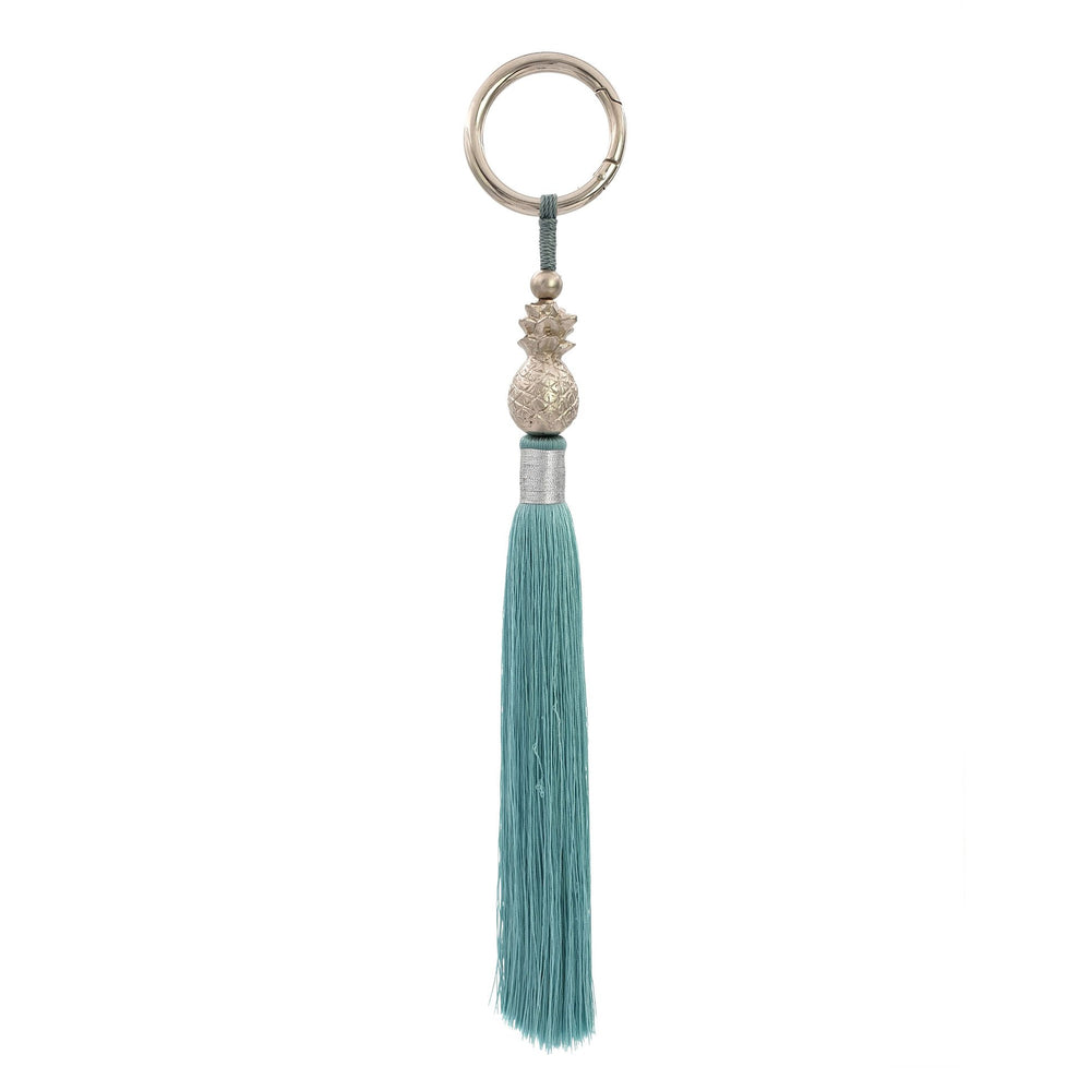 Keychain brass pineapple with dusty blue tassel silver plated