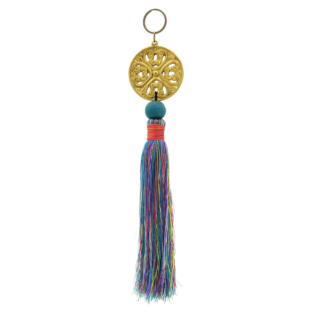 
                  
                    Load image into Gallery viewer, Keychain with metal ornament in gold color and mix blue tassel
                  
                