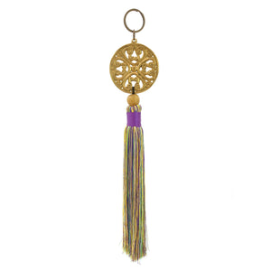 
                  
                    Load image into Gallery viewer, Keychain with metal ornament in gold color and mix lilac tassel
                  
                