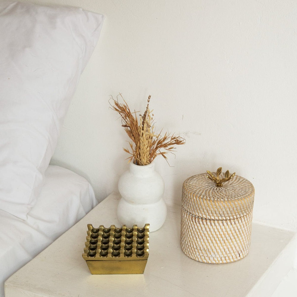 Rattan Round Box With Knob Lid White