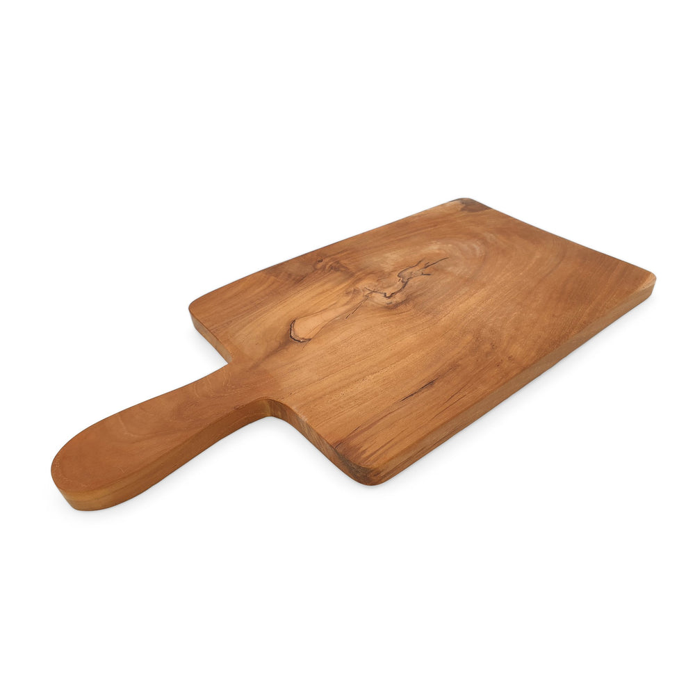 
                  
                    Load image into Gallery viewer, rectangle teak wood cutting board rounded handle angle
                  
                