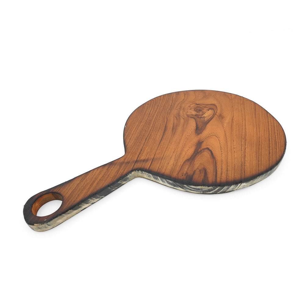 
                  
                    Load image into Gallery viewer, Teak wood cutting board round with handle burned edge angle
                  
                