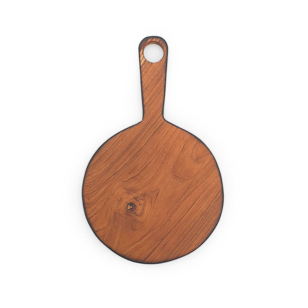 Teak wood cutting board round with handle burned edge