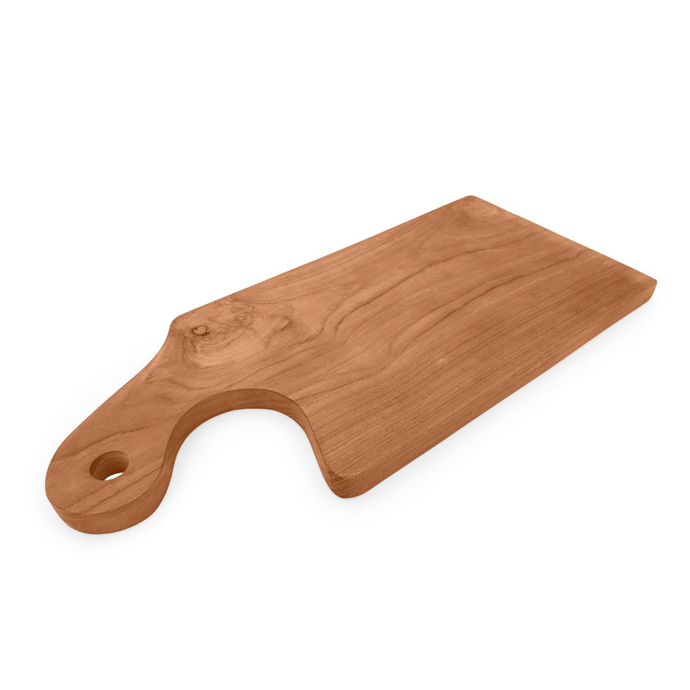 Teak wood cutting board curved holder angle view
